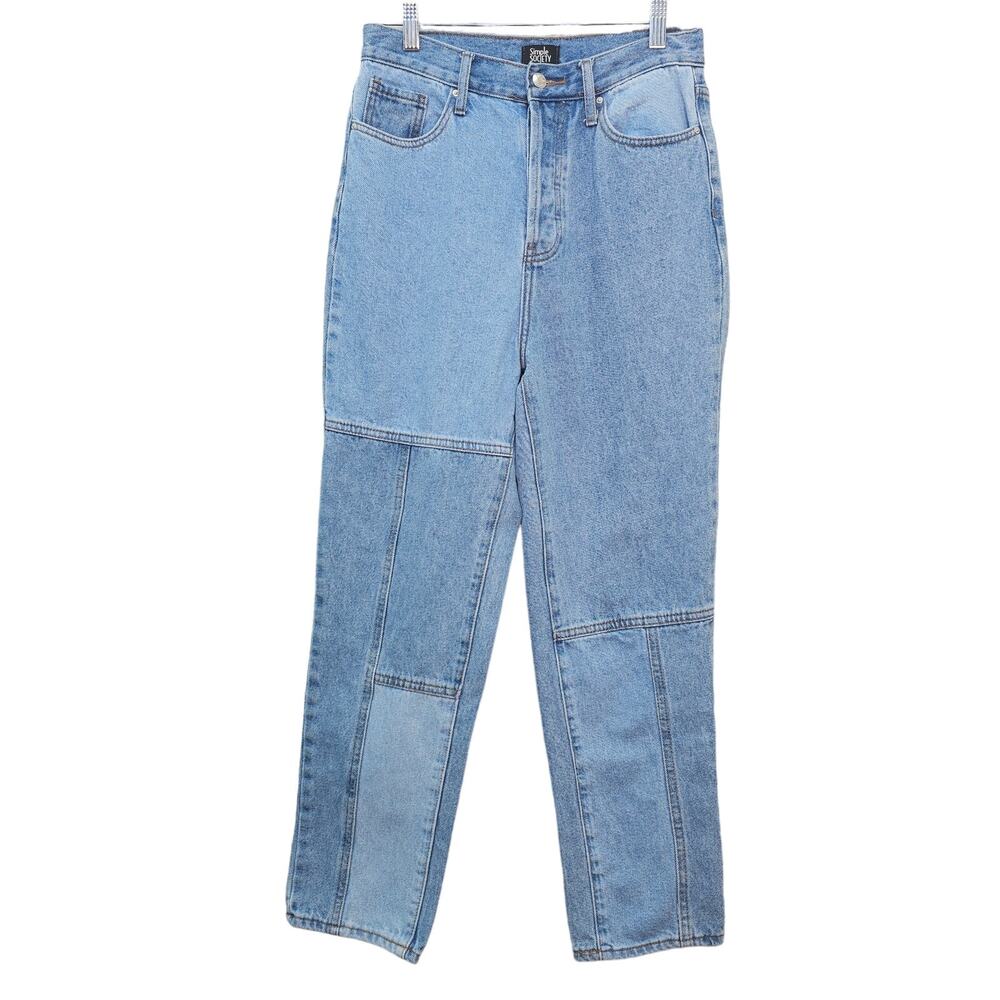 Simple Society Mom Jeans Womens 28 Blue Denim Patchwork Button Fly Pockets